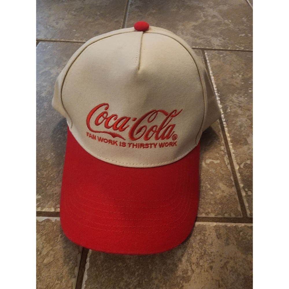 Vintage Coca-Cola Fan Work Is Thirsty Work Snapback Hat Red Cream Trucker Cap